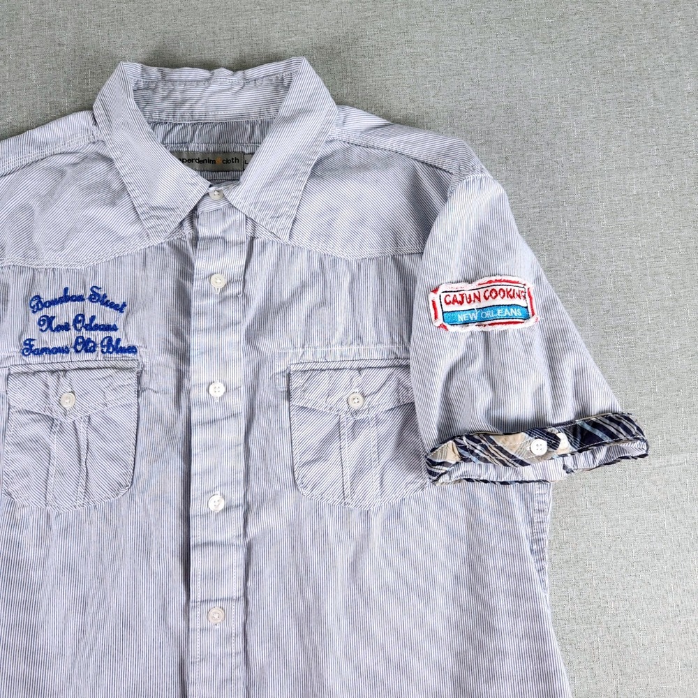 Y2K Paper Denim & Cloth NOLA Katrina Revival 2004 Patches Pinstripe Mens L Shirt